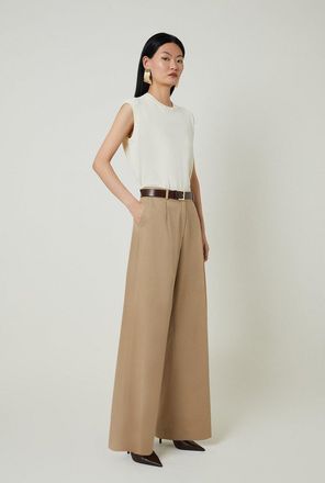 Karen Millen Petite Tencel Cotton Pleated Wide Leg Tailored Trousers