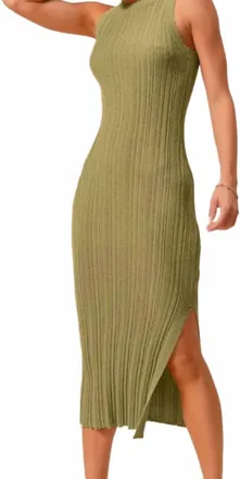 So Me Stretchy Rib Fitted Midi Dress In Light Olive