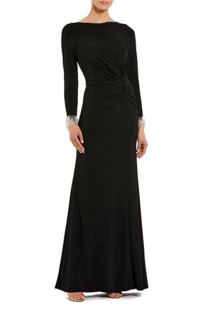 Mac Duggal Long Sleeve Jersey Gown With Beaded Cuff Sleeves in Black at Nordstrom, Size X-Large