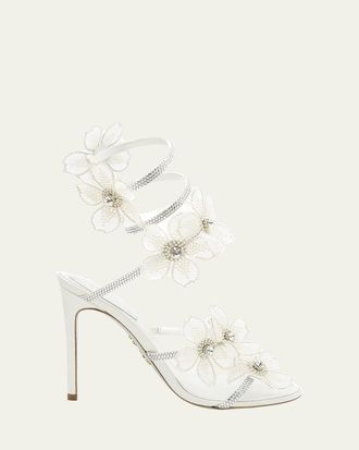 Rene Caovilla Floraine Crystal Flower Satin Snake Wrap Sandals
