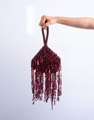 Topshop Georgia - Borsa a mano bordeaux con paillettes e frange-Rosso