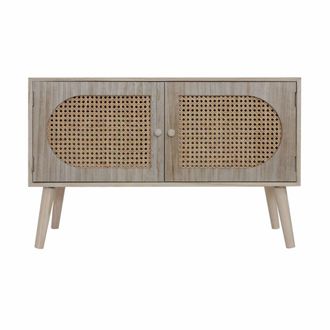 Mobili Rebecca Aparador bajo estilo boho con 2 puertas de madera marr&oacute;n