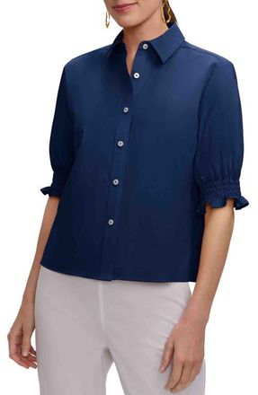 Foxcroft Vivienne Elbow Sleeve Matte Sateen Button-Up Shirt in Navy Blue at Nordstrom, Size X-Large