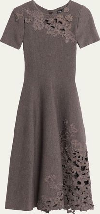 Oscar De La Renta Short-Sleeve Lace-Inset Wool Knit Midi Dress
