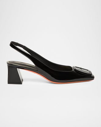 Santoni 50mm Patent Leather Slingback Buckle Pumps