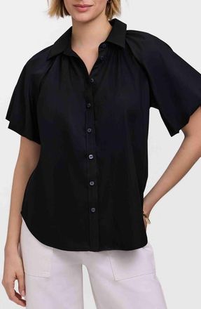 Foxcroft Paula Puff Sleeve Cotton Blend Button-Up Shirt in Black at Nordstrom, Size X-Large