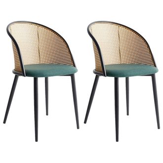 Beliani Conjunto De 2 Sillas Retro Asiento De Tela Estructura Met&aacute;lica Efecto Madera Clara Respaldo De Trenza Vienesa Verde Cornell