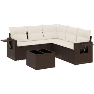 vidaXL Set Sof&aacute;s De Jard&iacute;n 6 Piezas Y Cojines Rat&aacute;n Sint&eacute;tico Marr&oacute;n Vidaxl