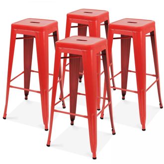 Oviala Lote de 4 taburetes de bar de acero rojo mate