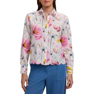 Foxcroft Scarlett Floral Scallop Hem Cotton Button-Up Shirt in Pink/Multi at Nordstrom, Size X-Large