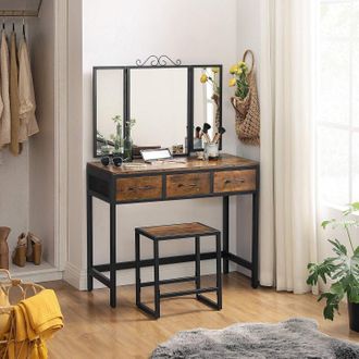 Vasagle Industrial Vanity Set Dressing Table Mirror Storage Combo Table in Brown