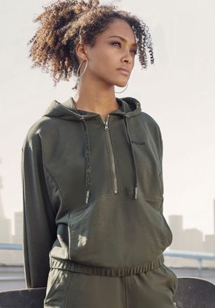 French Connection Hoodie FCUK, Damen, Gr. 32/34, gr&uuml;n (khaki), Sweatware, Obermaterial: 60% Baumwolle, 40% Polyester, l&auml;ssig geschnitten normal, Rundhals, angesetztes B