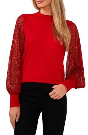 CeCe by Cynthia Steffe Sequin Sleeve Mock Neck Sweater in Luminous Red at Nordstrom, Size Small