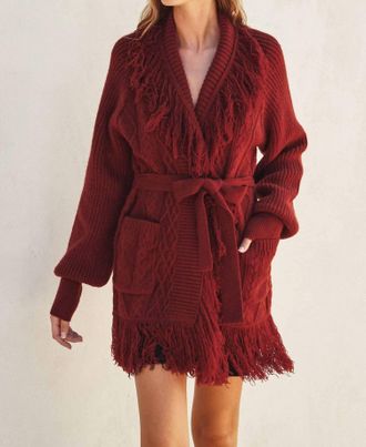Dress Forum Cable Detail Fringe Long Cardigan In Crimson