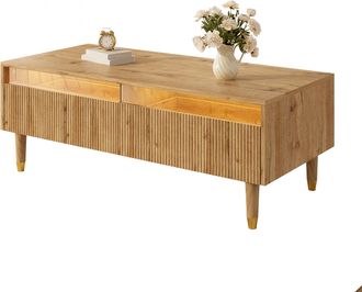 STILVORA Mesa De Centro Con 2 Cajones Y Led 7 Colores, Frente Ondulado, Patas Bicolor Dorado-madera, En Mdf, Madera, 110&times;50&times;40 Cm