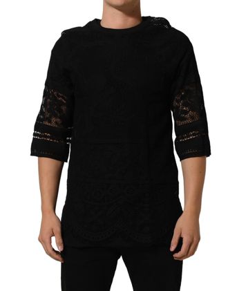 Dolce & Gabbana Mens Black Cotton Floral Lace Crew Neck T-Shirt Nylon
