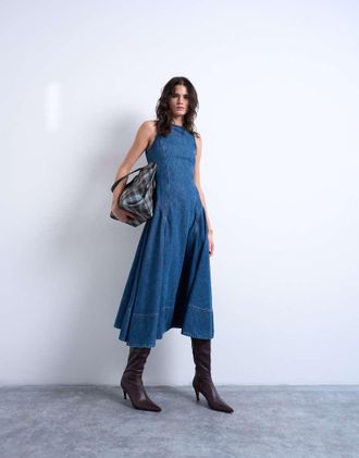 Topshop Vestito lungo in denim blu medio con vita scesa e cuciture a vista