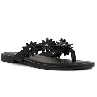 SUGAR Womens Vegan Leather Flip Flops with Embellished Floral Design - Dressy Thong Sandals, Perfect for Casual, Beach, or Pool Wear, Black, 4.5 UK