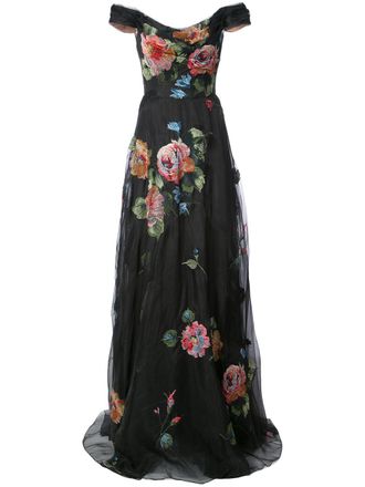 Marchesa floral-embroidered off-the-shoulder gown - women - Polyester/Nylon - 6 - Black