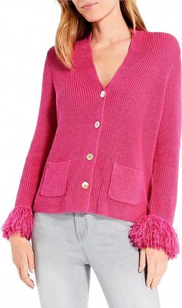 Nic+Zoe Sasha Button Down Sweater Cardigan With Fringe Sleeves - Plus In Shocking Pink