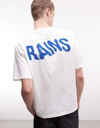 Rains 41000 - T-shirt comoda bianca con logo ondulato e stampa sul retro-Bianco