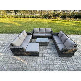 Fimous Fimous Rattan Lounge Sofa Set 10 Seater Outdoor Garden Furniture Set with Rectangular Coffee Table 3 Seater Sofa Big Footstool Side Table Dark Grey