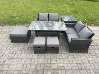 Fimous 7 Seater High Back Outdoor Garden Furniture Rattan Sofa Dining Table Set with 3 Footstools Side Table Dark Grey Mixed