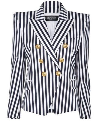 Balmain Navy and White Striped Double Breasted Blazer Size 40
