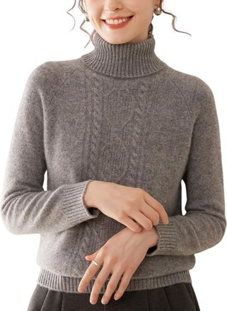 Dissa Women Cashmere Jumper Grey Roll Neck Knitted Jumper Long Sleeve Relaxed Cashmere Wool Thick Cable Ladies Sweater,UK 6,SH530