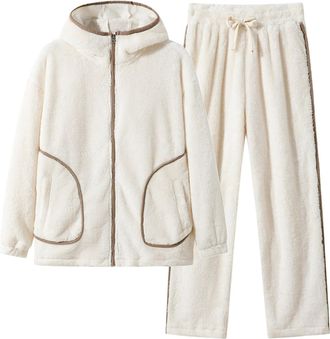 Generic Mens Pyjamas Mens Winter Coral Velvet Heavy Pile With Extra Thick Zip Up Cardigan Plus Size Pajamas Flannel Plus Size Warm Home Wear (White, XXL)