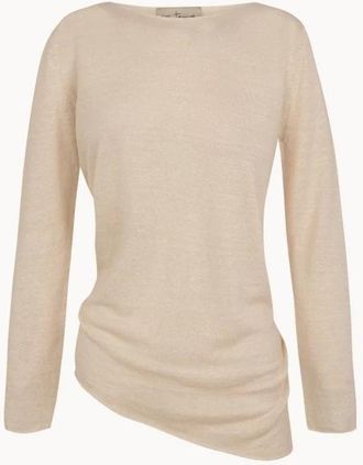 Cortana Asymmetrische gebreide top met lange mouwen - Dames - Ronde hals truien - Beige - 2XS - Katoen - Truien & Vesten