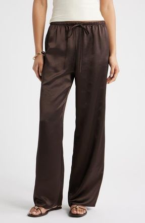 Open Edit Drawstring Waist Satin Pants in Brown Seal at Nordstrom, Size Xx-Small