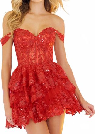 Sherri Hill Ruffle Skirt Corset Top Dress In Red