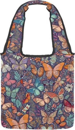 Generic Dancing Butterflies with Leaves Reversible Canvas Shoulder Tote - Double-Sided Print, 12oz Cotton, 27cm Drop, Fold-Flat Bag for Travel, Shopping, Stre