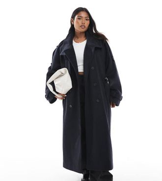 Asos Curve ASOS DESIGN Curve - Trench taglio lungo spazzolato blu navy con collo a imbuto