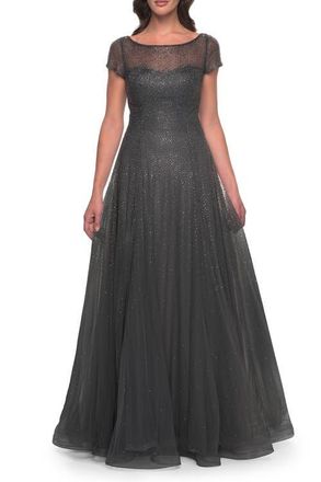 La Femme Beaded A-Line Dress with Illusion Neckline and Sleeves in Gunmetal at Nordstrom, Size 12