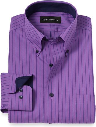 Paul Fredrick Non-iron Cotton Stripe Dress Shirt With Contrast Trim
