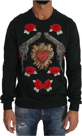 Dolce & Gabbana Kristalhart Groene Katoenen Trui - Heren - Sweatshirts - Groen - S - Katoen - Hoodies & sweatvesten