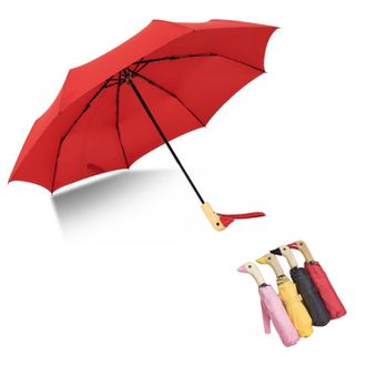 Generic Duck Umbrella Cartoon Folding Umbrella Wooden Handle Compact Umbrella Sun Travel Umbrellas, 2-red, Compact