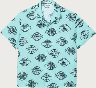 Lacoste herenoverhemd van katoenen twill met globeprint in mintgroen