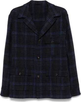 Finamore Zwart Geruit Wollen Jas - Heren - Blazers - Zwart - XL - Wol - Jassen