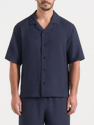 Mani&egrave;re De Voir Harley Unisex Textured Revere Shirt in Navy at Nordstrom, Size Xx-Small