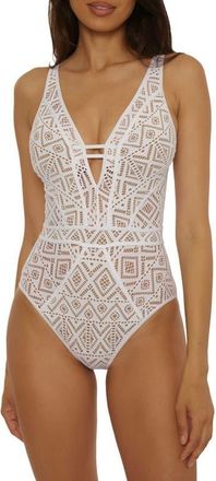 BECCA by Rebecca Virtue Keyhole One-Piece Swimsuit in White/Tan at Nordstrom, Size Large