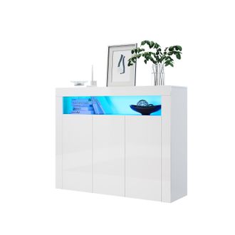 Sonni Sonni Aparador Comedor De Sal&oacute;n Estilo Minimalista Con Luz Led Regulable Y 3 Puertas,mueble De Cocina Organizador,color Blanco Brillo,116x35x93cm