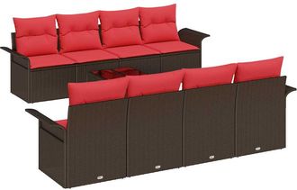 vidaXL Conjunto De Sof&aacute; De Jard&iacute;n 9 Uds. Beige Y Rojo Rat&aacute;n Sint&eacute;tico Vidaxl