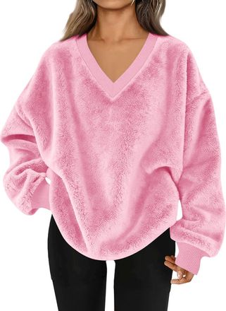 Generic Womens Fleece Tops Sherpa Fuzzy Fluffy Jumpers Flannel Long Sleeve V Neck Sweatshirts Casual Loose Thermal Sweater Ladies Soft Plush Thicken Pullover 