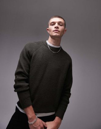 Arket Maglione in maglia a coste testurizzato verde kaki con maniche raglan