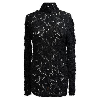 Bottega Veneta Bottega Veneta blouse met kanten patroon en opstaande kraag in zwart polyester