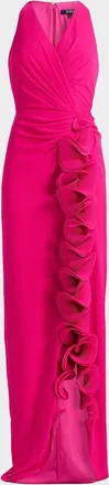 Badgley Mischka Ruffle-Trim Georgette Column Gown