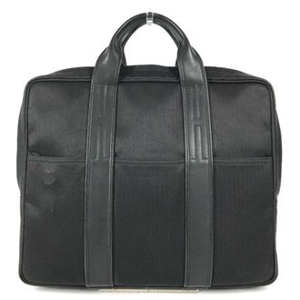Herm&egrave;s Black Toile Chevron Leather Handbag Tote Bag (Pre-Owned)